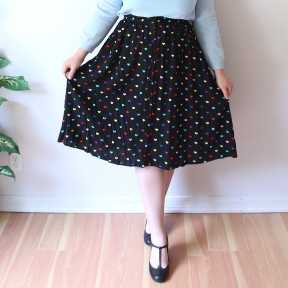 Hell Bunny Dresses & Skirts - Hell Bunny Skirt Black Rainbow Heart Print Button Front Midi Novelty Modcloth